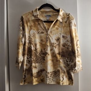 Caribbean Joe Women's Tan and Cream Floral Animal Print Top